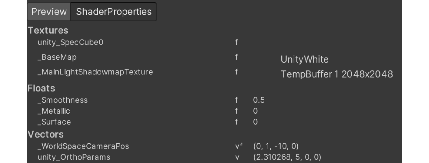 Detailed information on Shader properties in the lower row