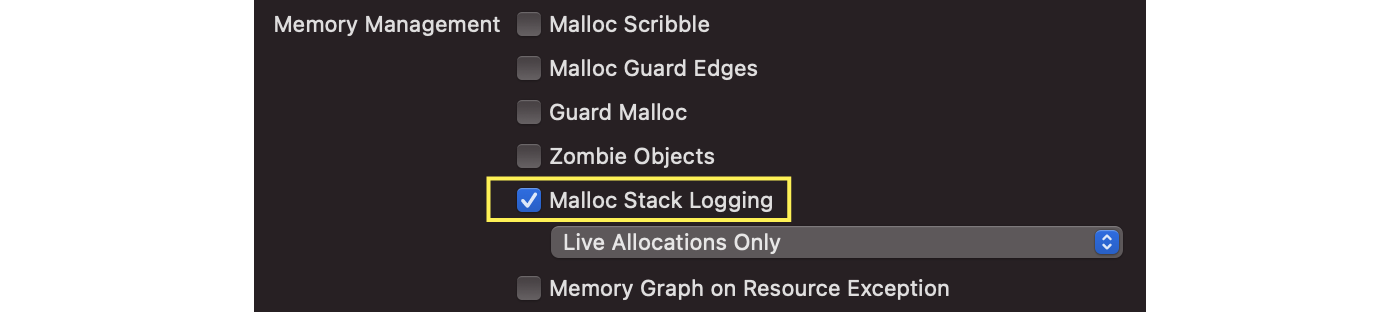 Enable Malloc Stack Logging