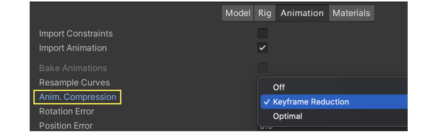 Anim. Compression settings screen