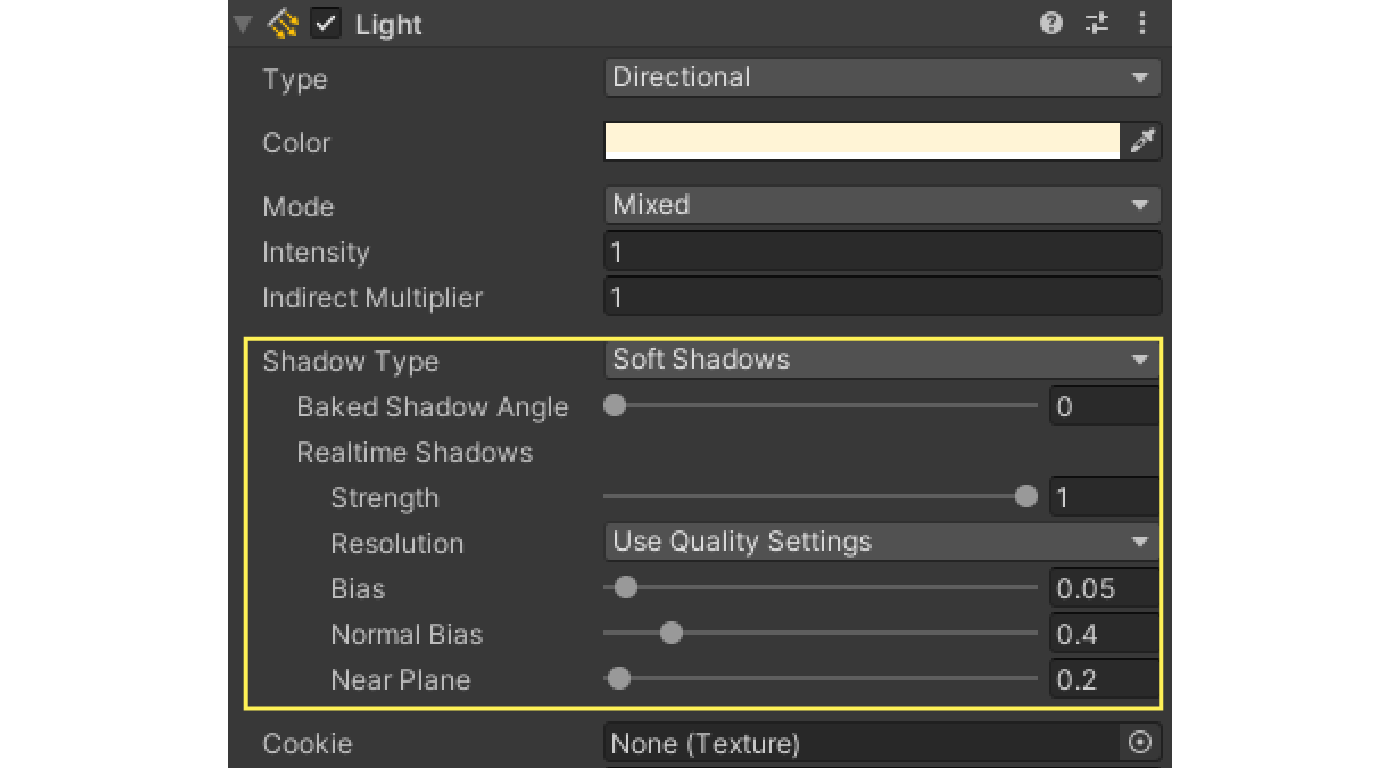 Shadow settings for the Light component