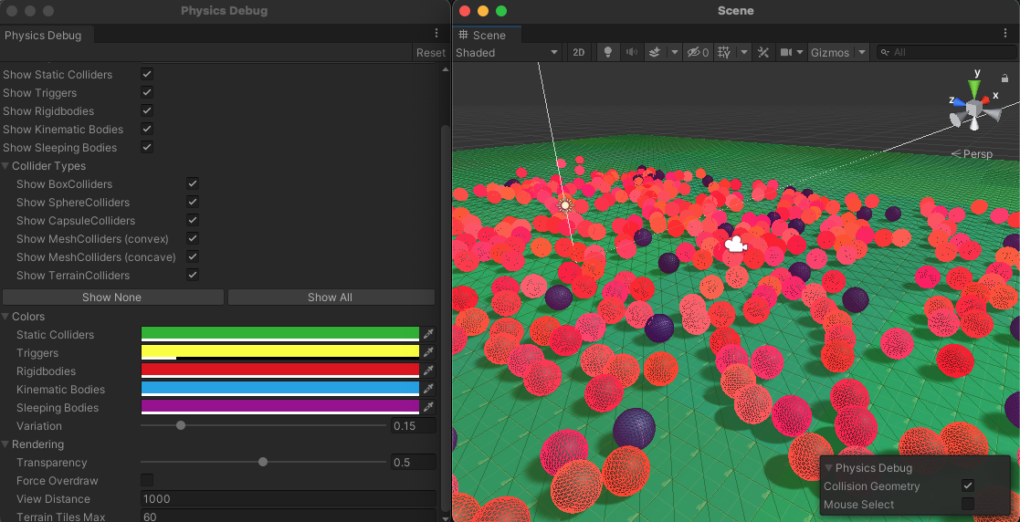 Physics Debugger, which displays the state of the objects on the scene in terms of the physics engine, color-coded.