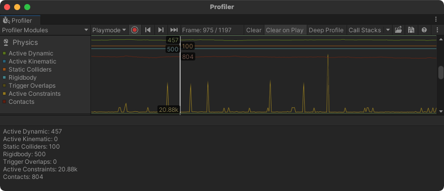 Physics item in the Profiler. You can see the number of <code class="inline-code tt">Rigidbody</code> active as well as the number of each element on the physics engine.