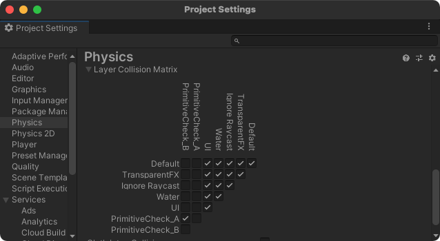 Layer Collision Matrix item in Project Settings