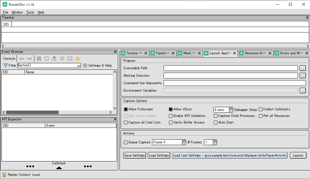RenderDoc 起動後の画面