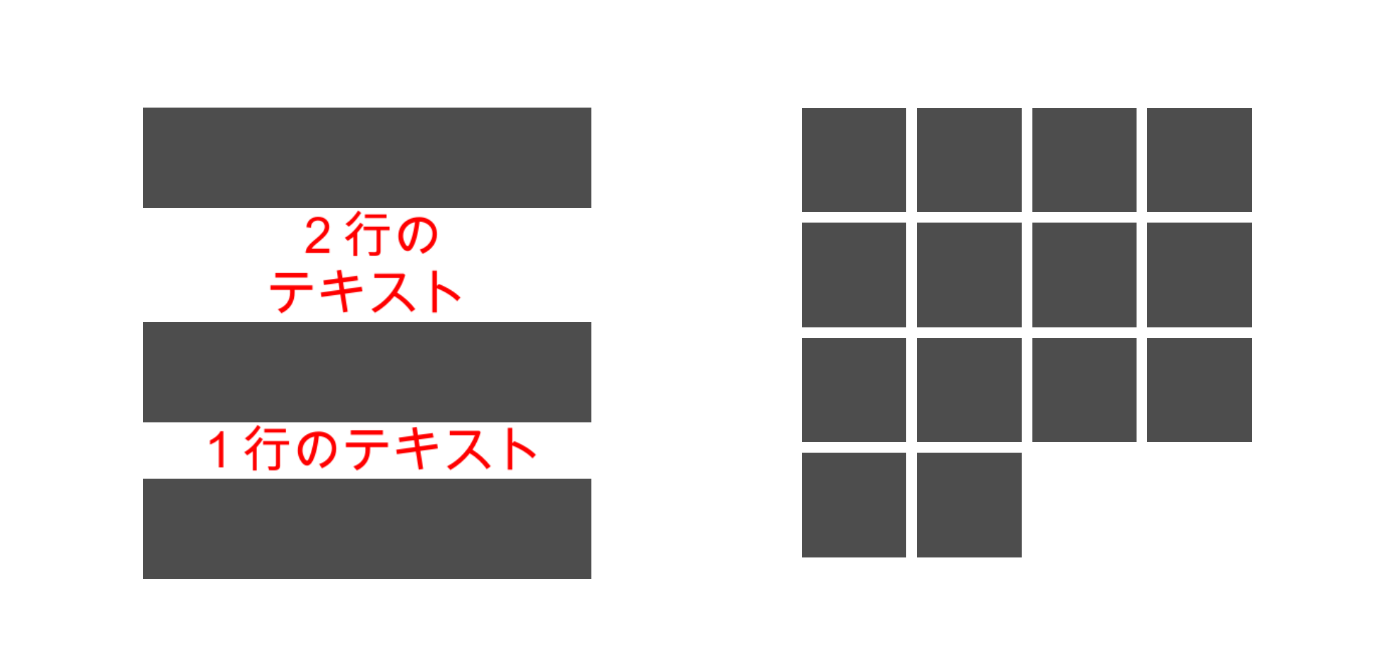 左側が<code class="inline-code tt">VerticalLayoutGroup</code>、右側が<code class="inline-code tt">GridLayoutGroup</code>を使った例